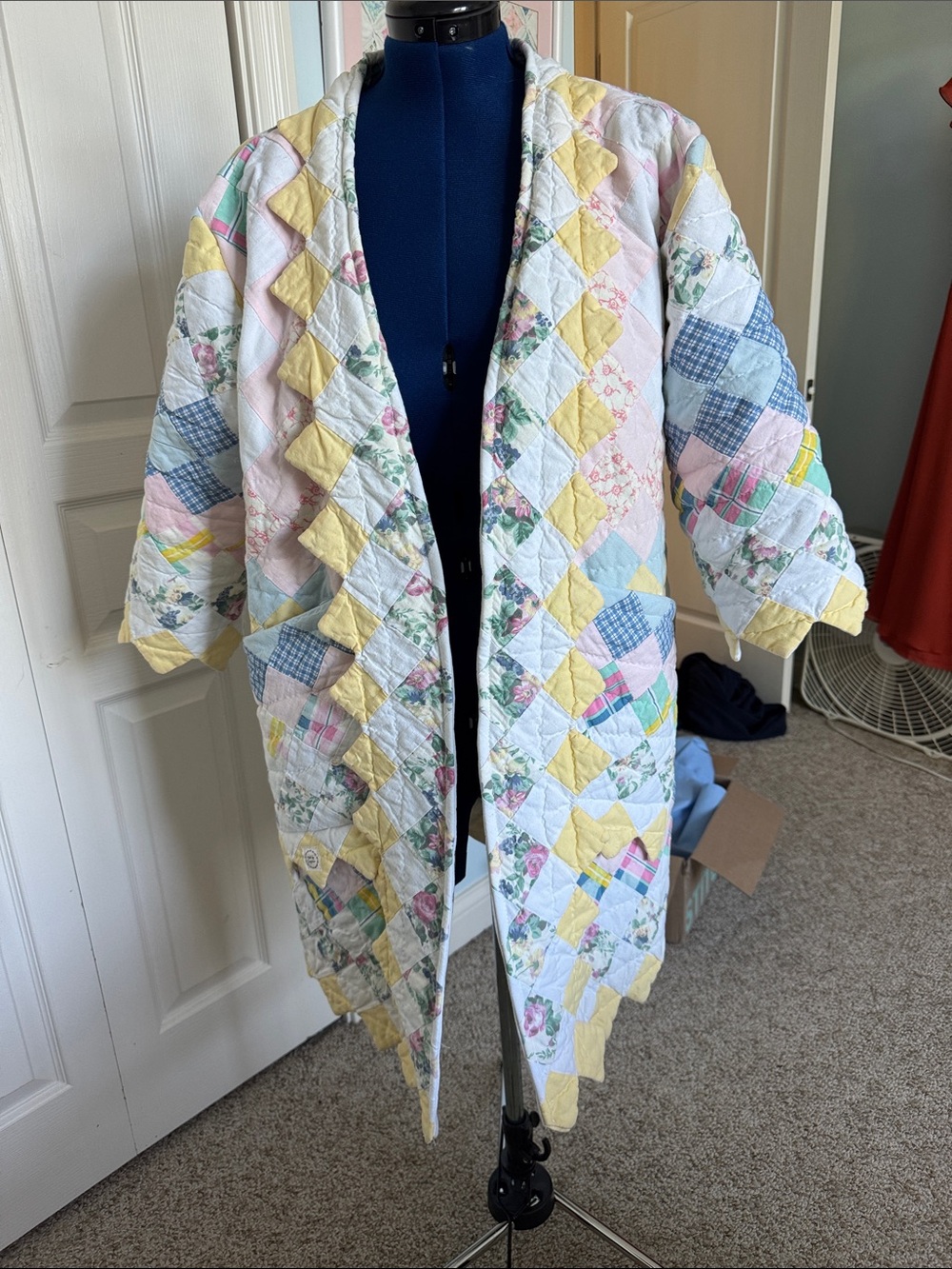 Pastel Quilted Patchwork Trench Coat in Yellow & Multi